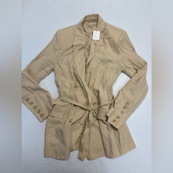 Free People Olivia Tie Waist Linen Blend Blazer Size Medium NWT Sand Pebble - Picture 3 of 5